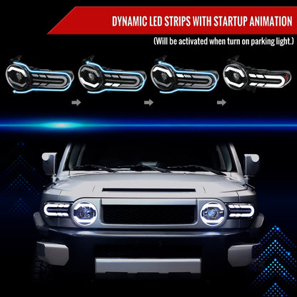 2007-2014 Toyota FJ Cruiser Switchback Sequential Turn Signal Animated LED Bar Projector Headlights (Matte Black Housing/Clear Lens)