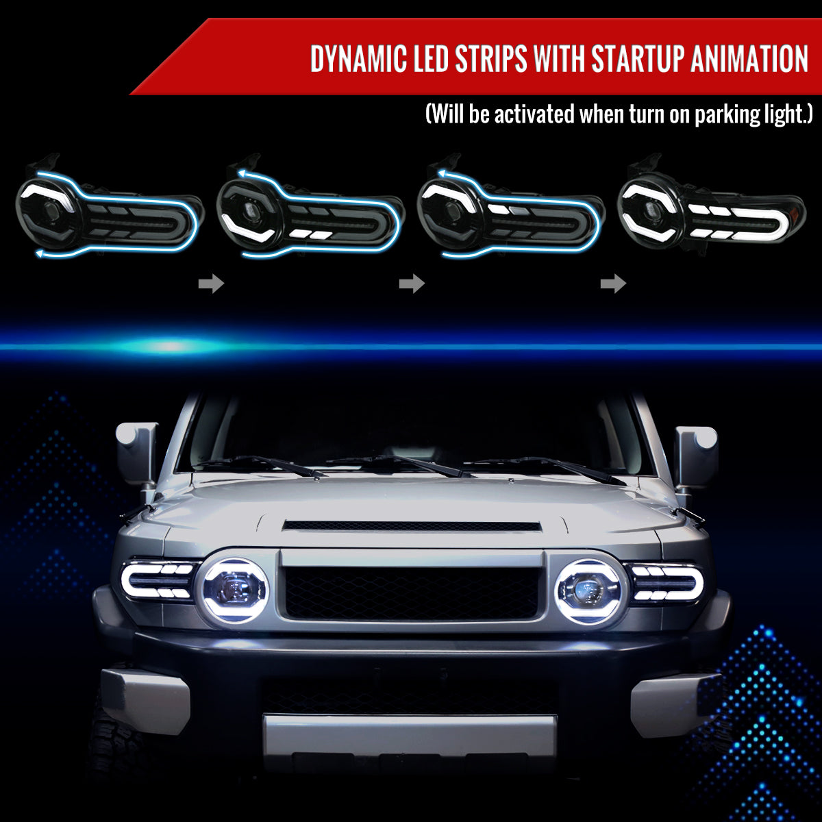 2007-2014 Toyota FJ Cruiser Switchback Sequential Turn Signal Animated LED Bar Projector Headlights (Matte Black Housing/Smoked Lens)
