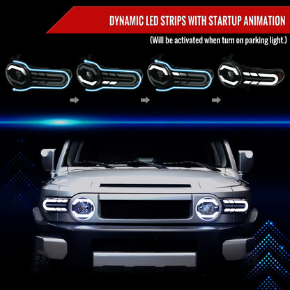 2007-2014 Toyota FJ Cruiser Switchback Sequential Turn Signal Animated LED Bar Projector Headlights (Matte Black Housing/Smoked Lens)