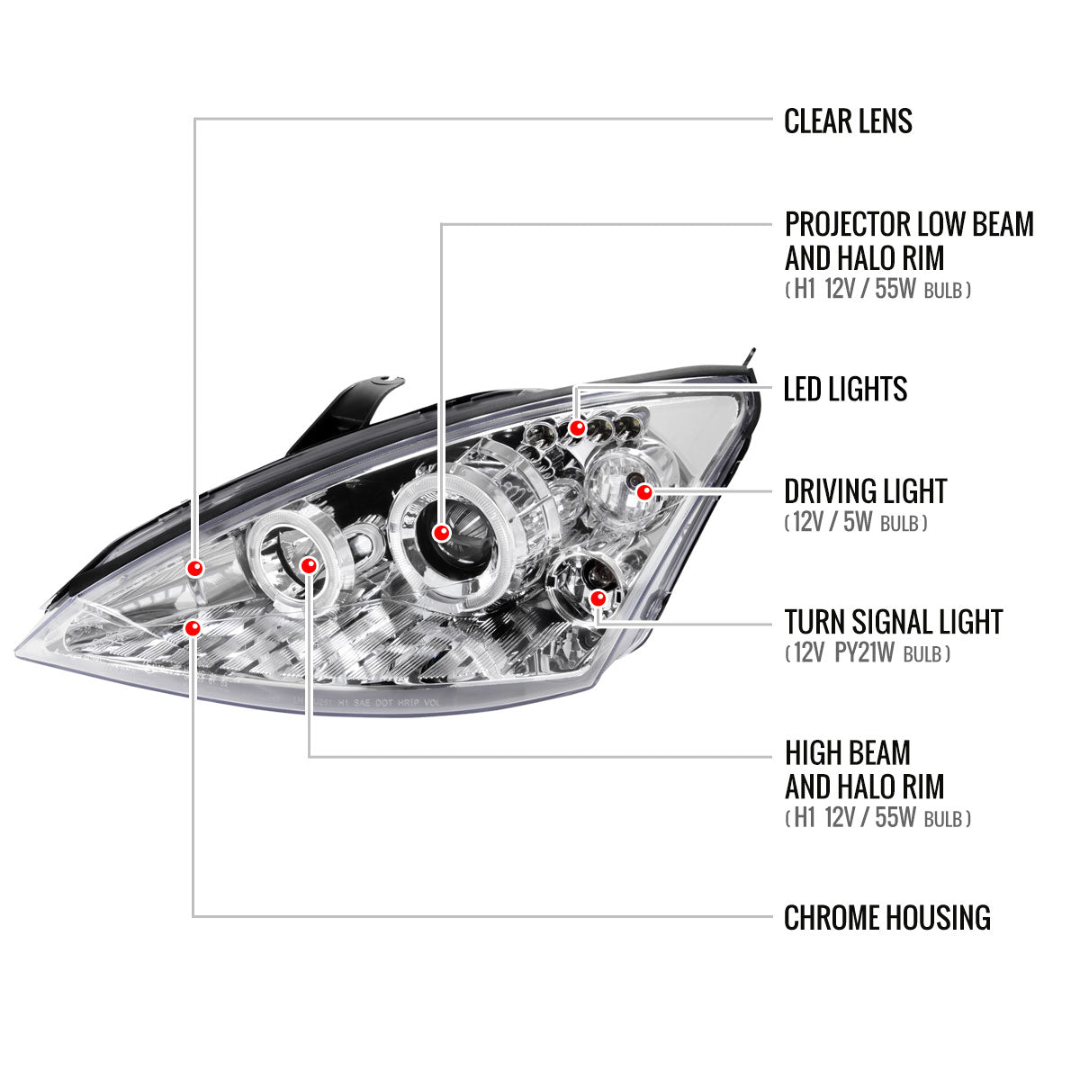 2000-2004 Ford Focus Dual Halo Projector Headlights (Chrome Housing/Clear Lens)