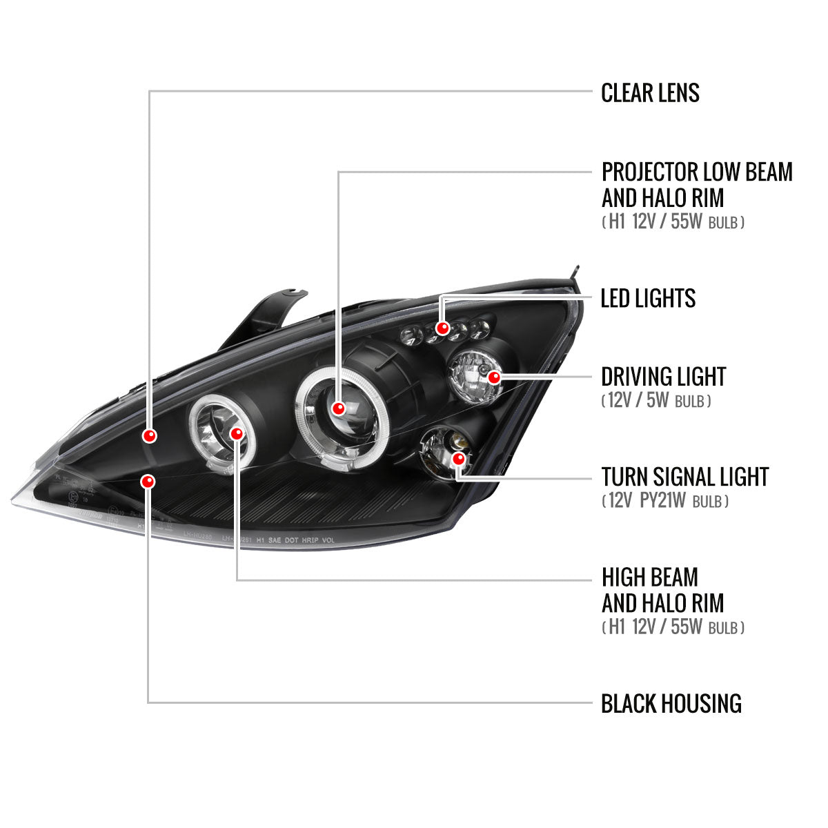 2000-2004 Ford Focus Dual Halo Projector Headlights (Matte Black Housing/Clear Lens)