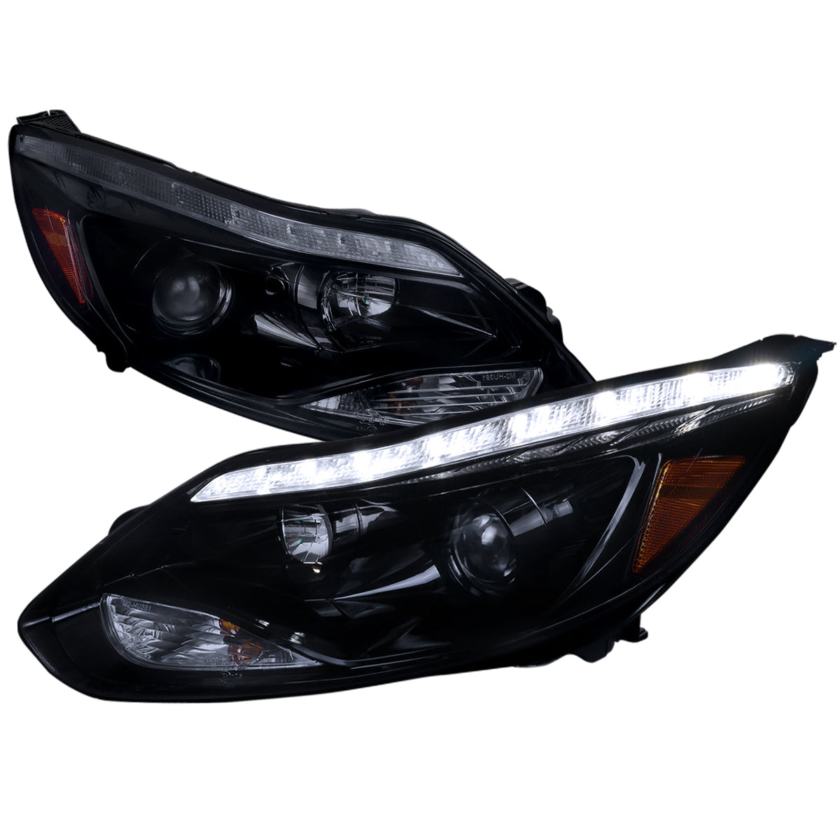 2012-2014 Ford Focus Projector Headlights w/ LED Light Strip & LED Turn Signal Lights (Chrome Housing/Smoked Lens)