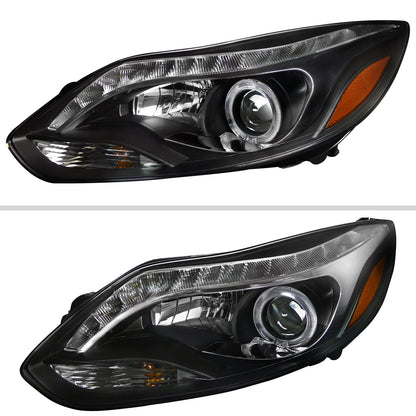 2012-2014 Ford Focus Halo Projector Headlights w/ LED Light Strip (Matte Black Housing/Clear Lens)
