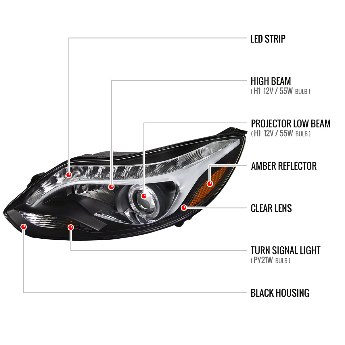 2012-2014 Ford Focus Halo Projector Headlights w/ LED Light Strip (Matte Black Housing/Clear Lens)