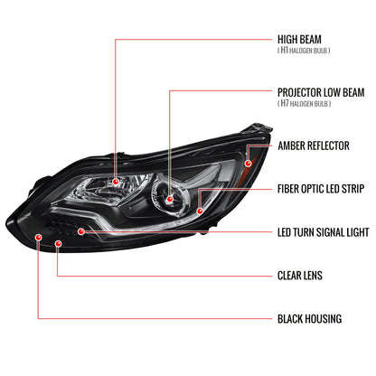 2012-2014 Ford Focus LED Bar Projector Headlights w/ LED Turn Signal Lights (Matte Black Housing/Clear Lens)