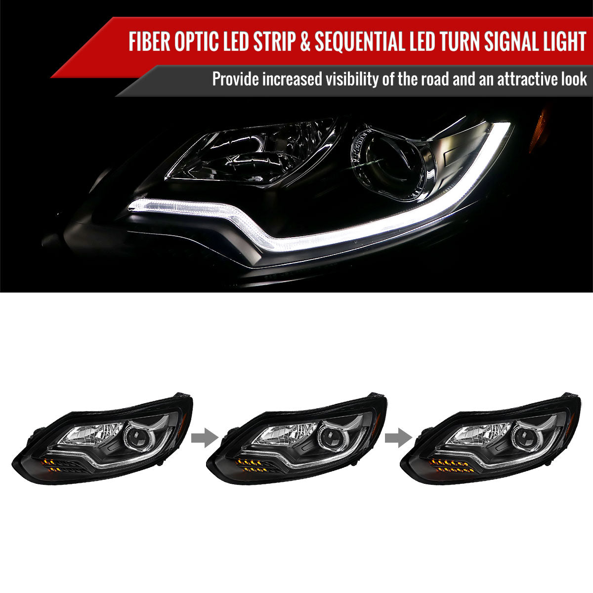 2012-2014 Ford Focus Projector Headlights w/ LED Light Strip & Sequential Turn Signal Lights (Matte Black Housing/Clear Lens)