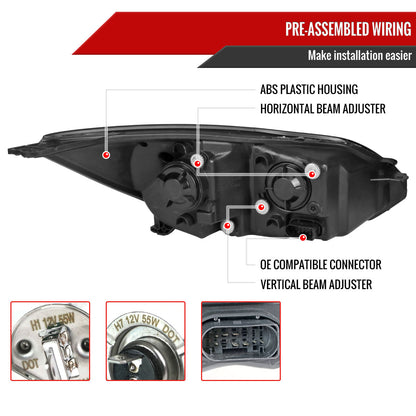 2012-2014 Ford Focus Projector Headlights w/ LED Light Strip & Sequential Turn Signal Lights (Matte Black Housing/Clear Lens)