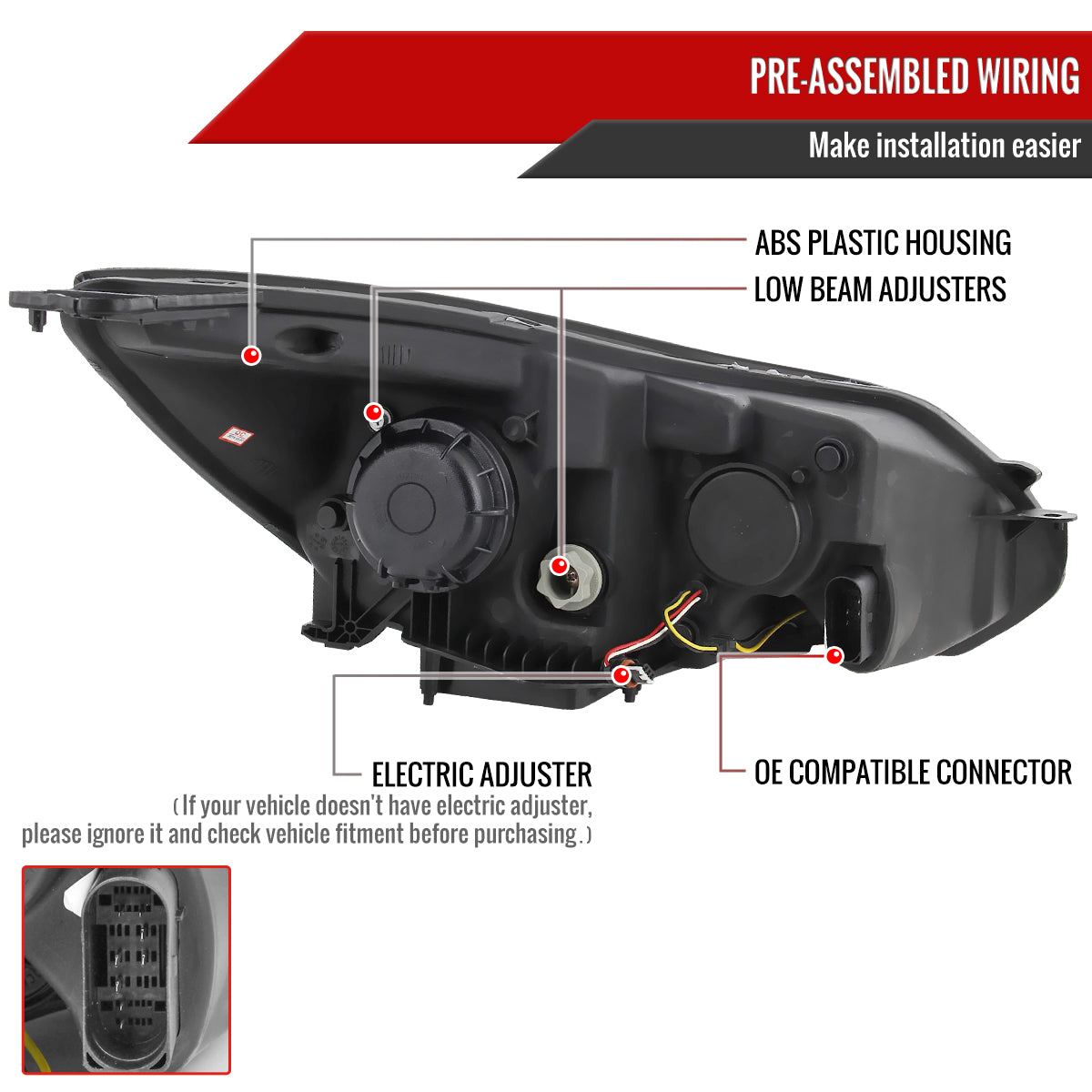 2012-2014 Ford Focus Projector Headlights w/ LED Light Strip & LED Turn Signal Lights (Matte Black Housing/Clear Lens)