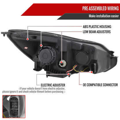 2012-2014 Ford Focus Projector Headlights w/ LED Light Strip & LED Turn Signal Lights (Matte Black Housing/Clear Lens)