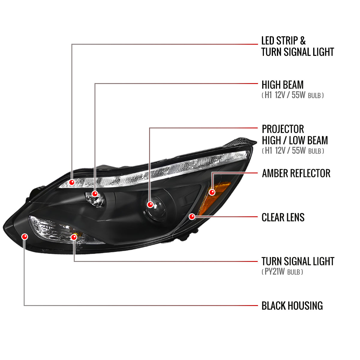 2012-2014 Ford Focus Projector Headlights w/ LED Light Strip & LED Turn Signal Lights (Matte Black Housing/Clear Lens)