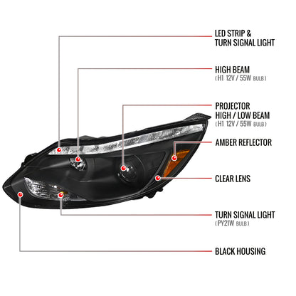 2012-2014 Ford Focus Projector Headlights w/ LED Light Strip & LED Turn Signal Lights (Matte Black Housing/Clear Lens)