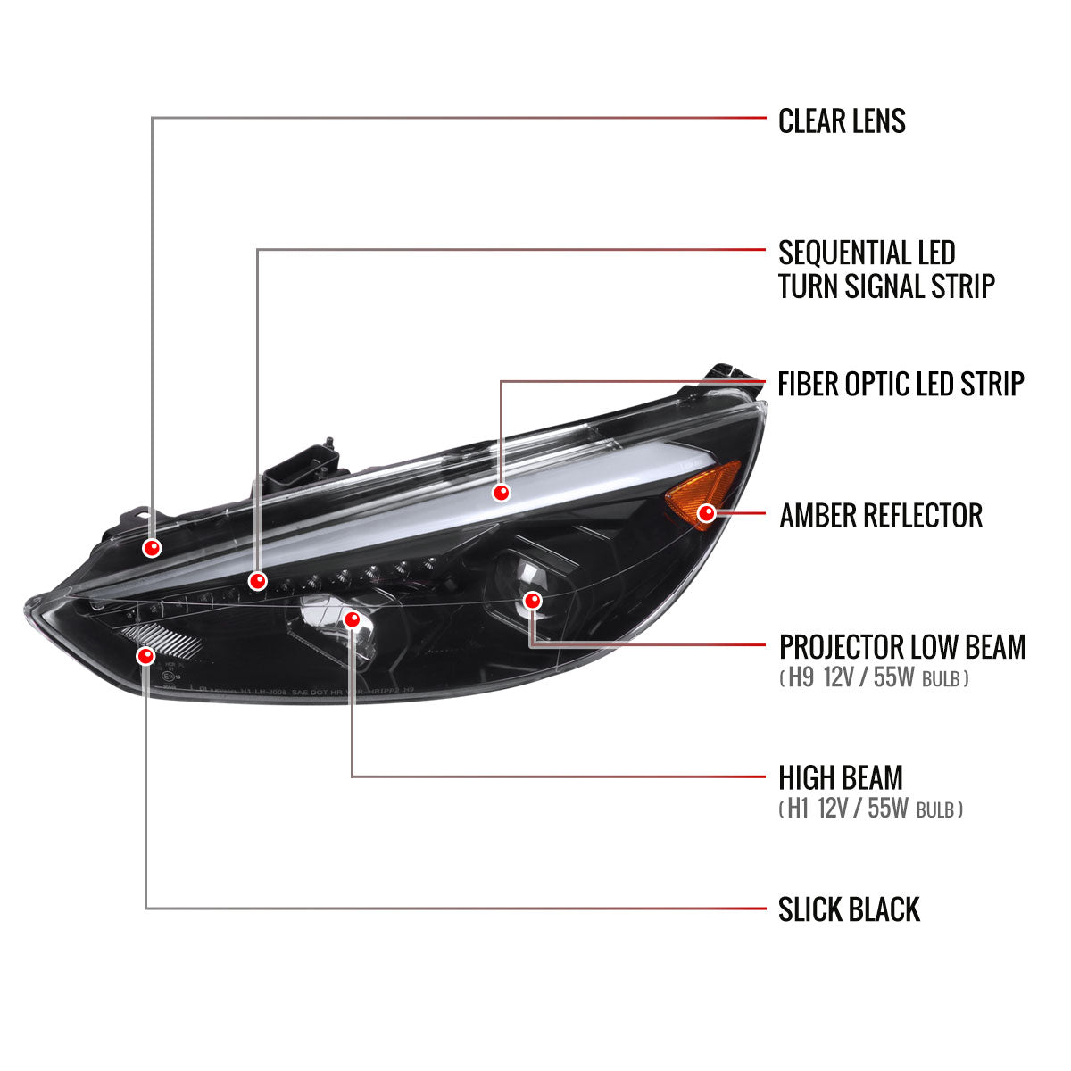 2015-2018 Ford Focus LED Sequential Signal Projector Headlights (Jet Black Housing/Clear Lens)