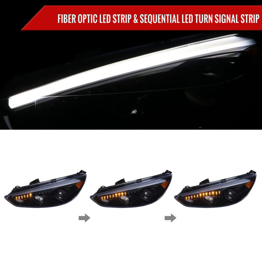 2015-2018 Ford Focus LED Sequential Signal Projector Headlights (Glossy Black Housing/Smoked Lens)
