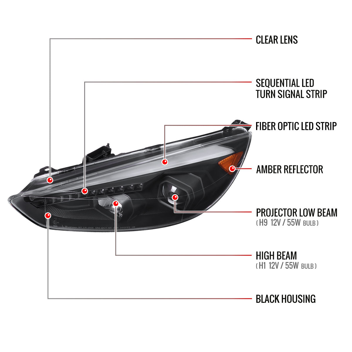 2015-2018 Ford Focus LED Sequential Signal Projector Headlights (Matte Black Housing/Clear Lens)