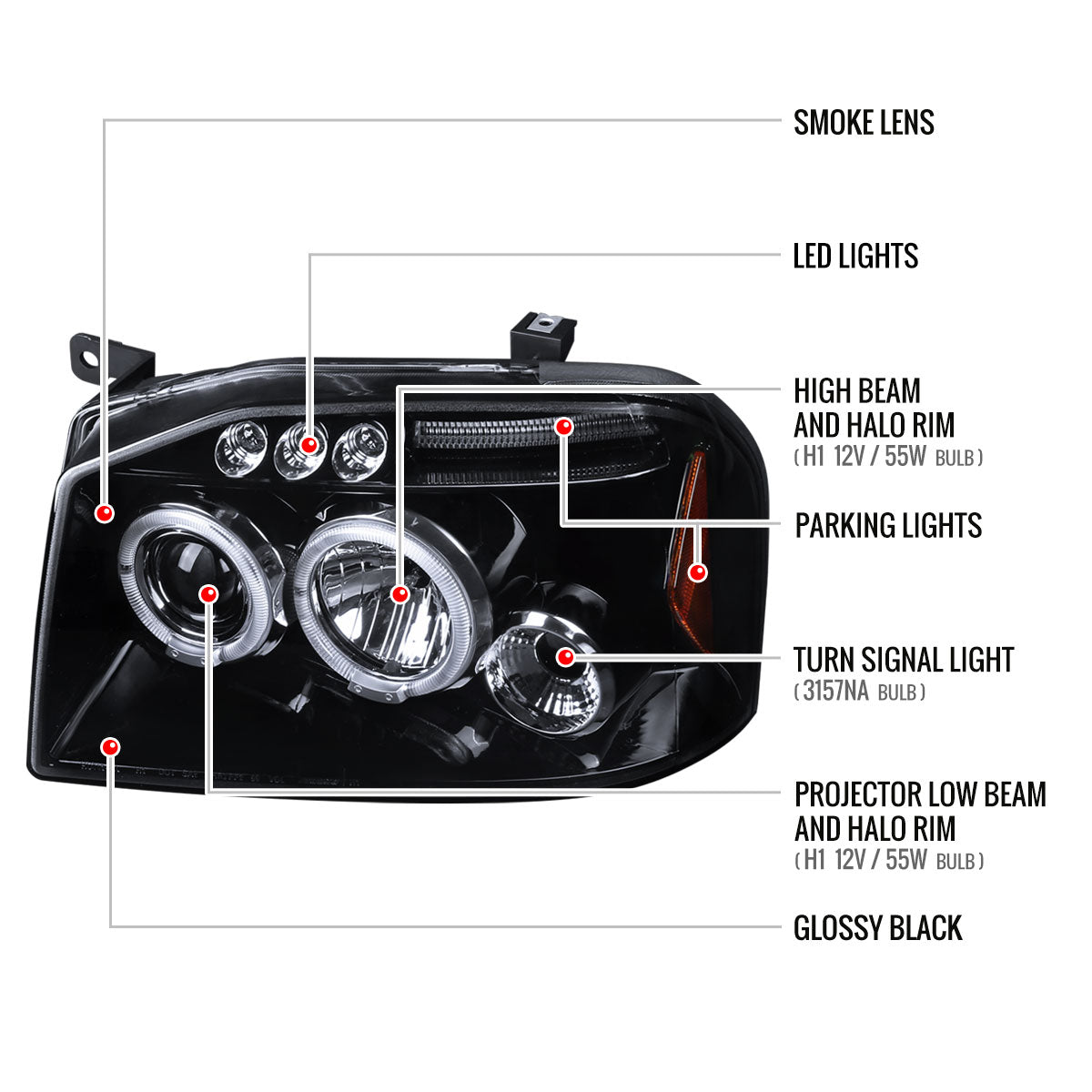 2001-2004 Nissan Frontier Dual Halo Projector Headlights (Glossy Black Housing/Smoked Lens)