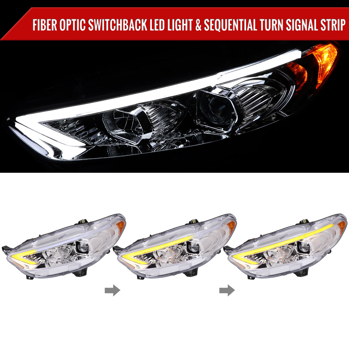 2013-2016 Ford Fusion Switchback Sequential Turn Signal Projector Headlights (Chrome Housing/Clear Lens)