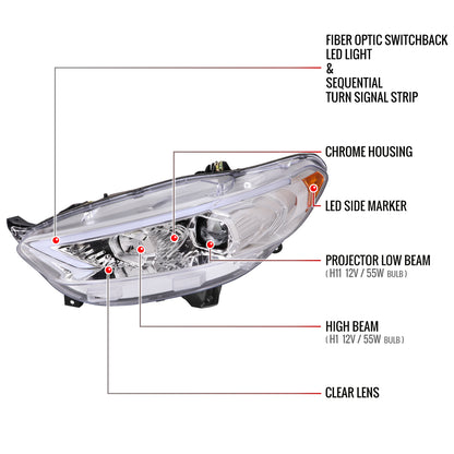 2013-2016 Ford Fusion Switchback Sequential Turn Signal Projector Headlights (Chrome Housing/Clear Lens)