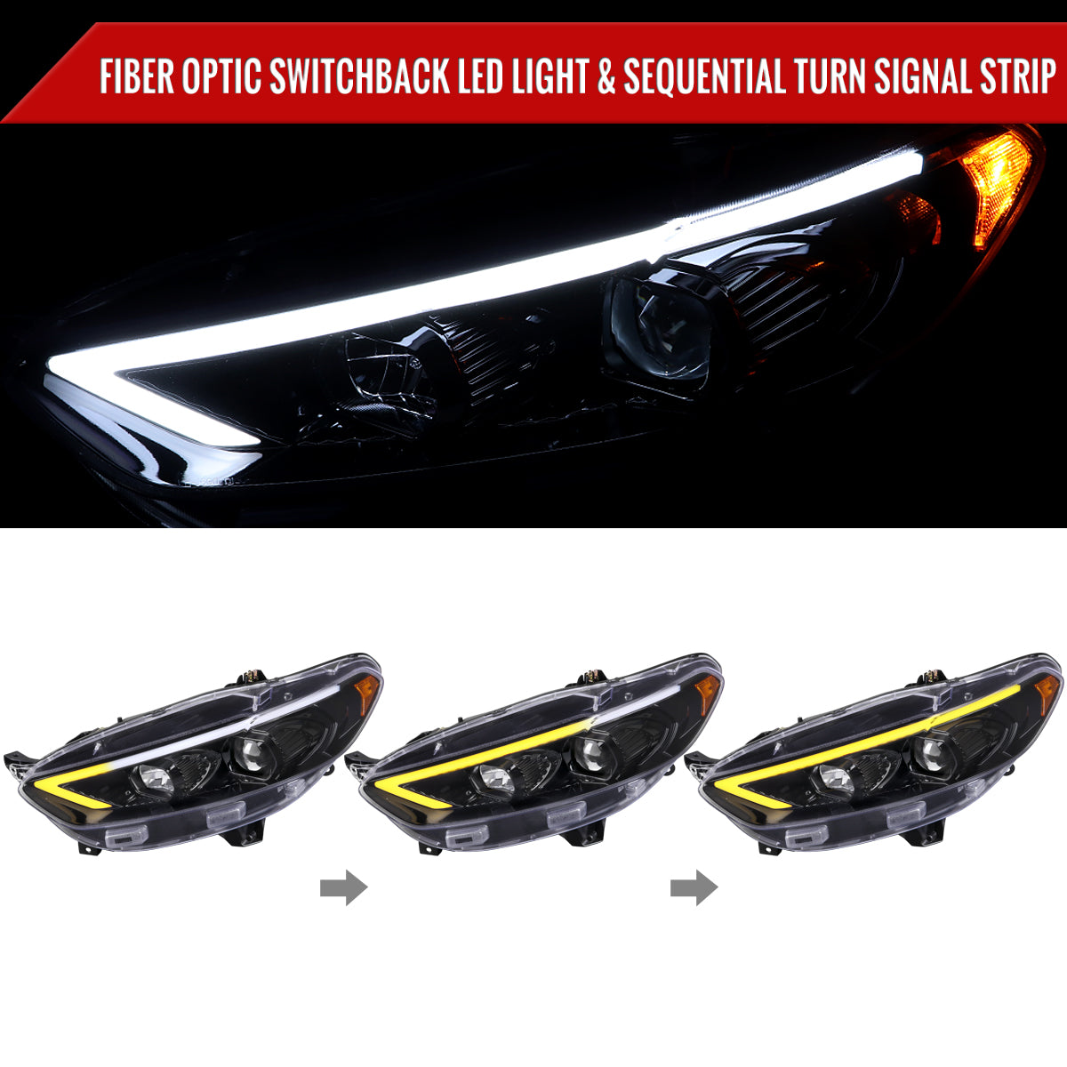 2013-2016 Ford Fusion Switchback Sequential Turn Signal Projector Headlights (Glossy Black Housing/Clear Lens)