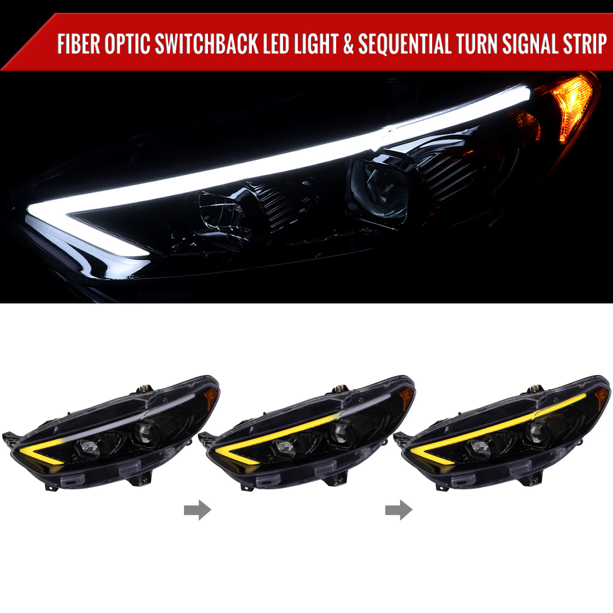 2013-2016 Ford Fusion Switchback Sequential Turn Signal Projector Headlights (Glossy Black Housing/Smoked Lens)