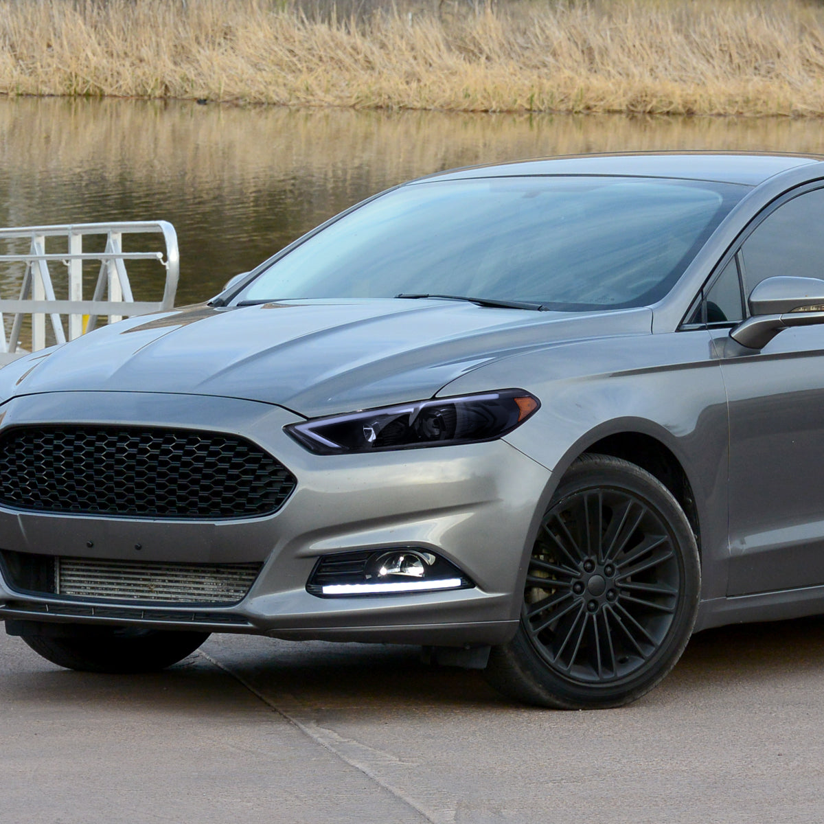 2013-2016 Ford Fusion Switchback Sequential Turn Signal Projector Headlights (Glossy Black Housing/Smoked Lens)