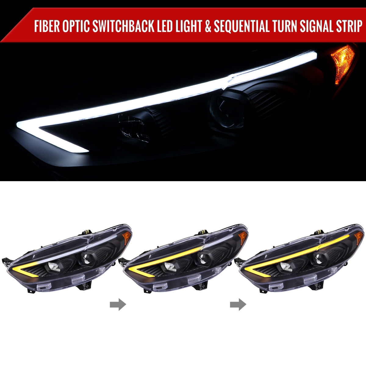 2013-2016 Ford Fusion Switchback Sequential Turn Signal Projector Headlights (Matte Black Housing/Clear Lens)