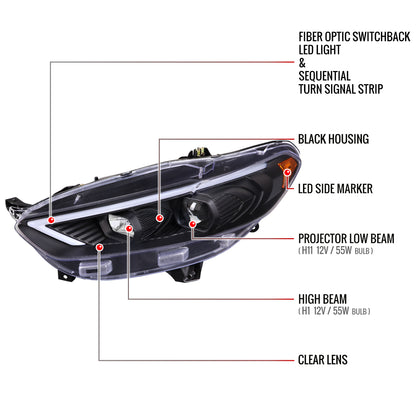 2013-2016 Ford Fusion Switchback Sequential Turn Signal Projector Headlights (Matte Black Housing/Clear Lens)