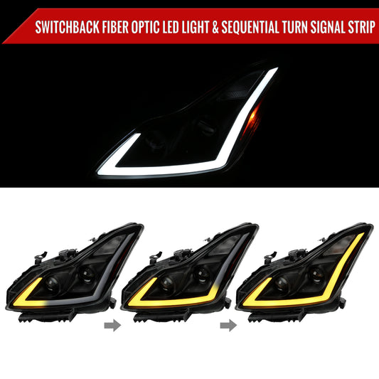 2008-2013 Infiniti G37/2014-2015 Q60 Coupe/Convertible Sequential Switchback LED Turn Signal Projector Headlights (Matte Black Housing/Smoked Lens)