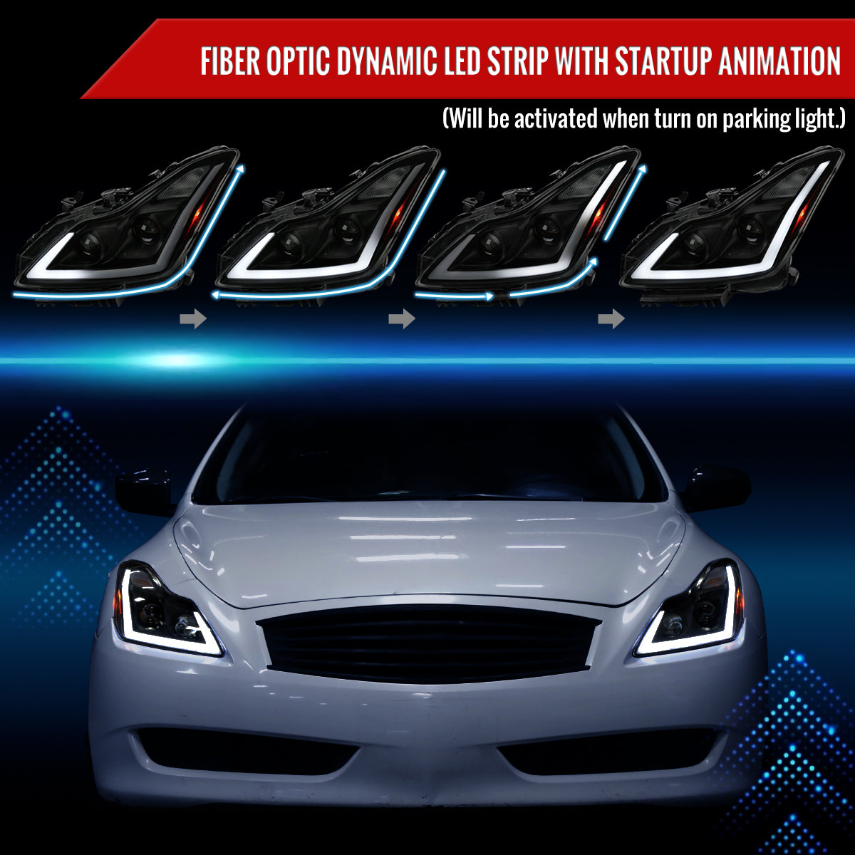 2008-2013 Infiniti G37/2014-2015 Q60 Coupe/Convertible Sequential Switchback LED Turn Signal Projector Headlights (Matte Black Housing/Smoked Lens)