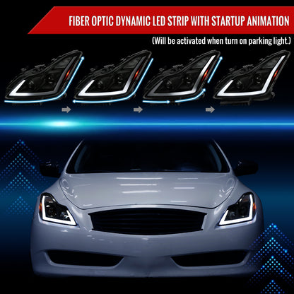 2008-2013 Infiniti G37/2014-2015 Q60 Coupe/Convertible Sequential Switchback LED Turn Signal Projector Headlights (Matte Black Housing/Smoked Lens)