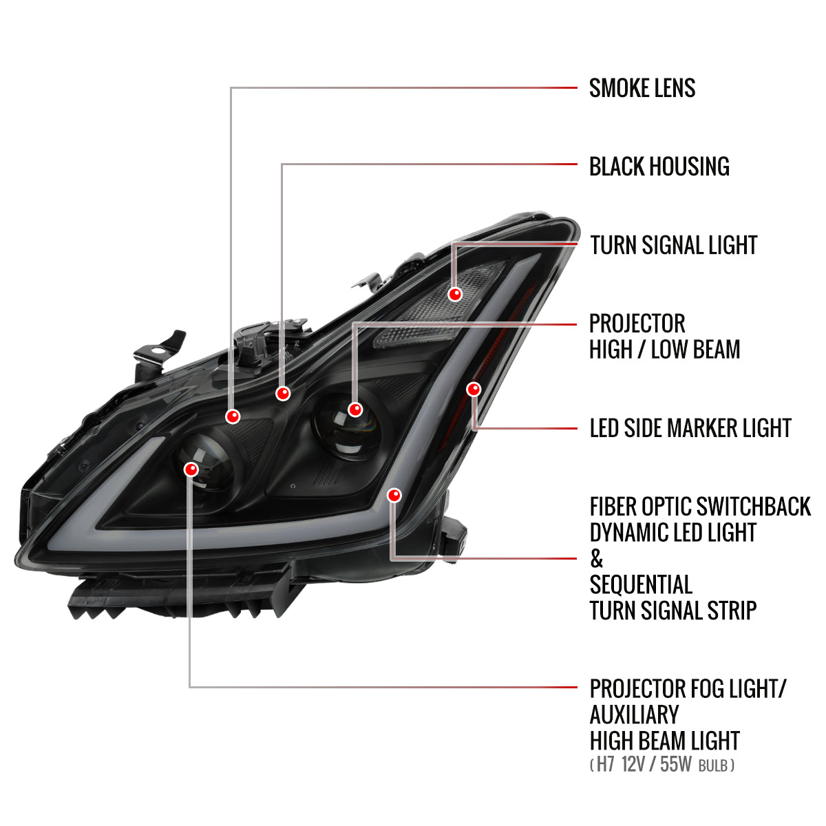 2008-2013 Infiniti G37/2014-2015 Q60 Coupe/Convertible Sequential Switchback LED Turn Signal Projector Headlights (Matte Black Housing/Smoked Lens)