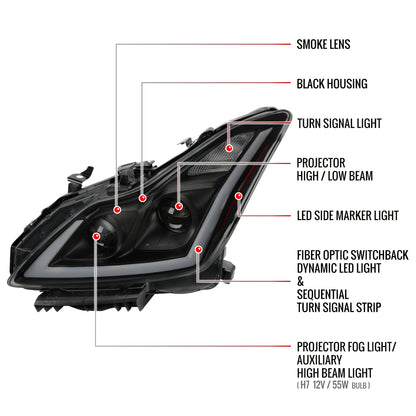 2008-2013 Infiniti G37/2014-2015 Q60 Coupe/Convertible Sequential Switchback LED Turn Signal Projector Headlights (Matte Black Housing/Smoked Lens)