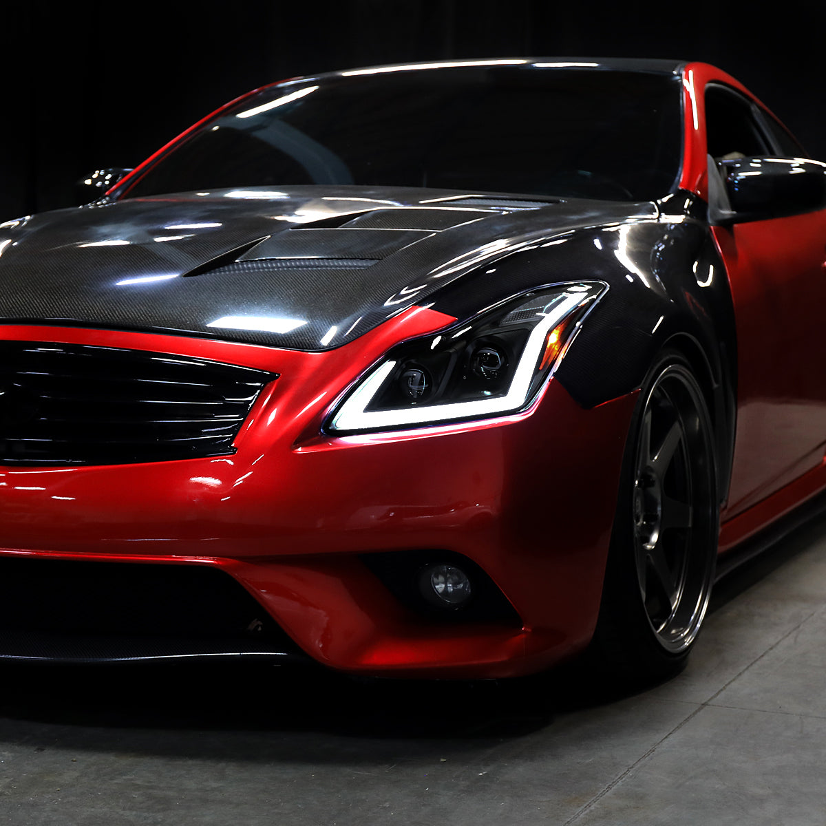 2008-2013 Infiniti G37/2014-2015 Q60 Coupe/Convertible Sequential Switchback LED Turn Signal Projector Headlights (Matte Black Housing/Smoked Lens)