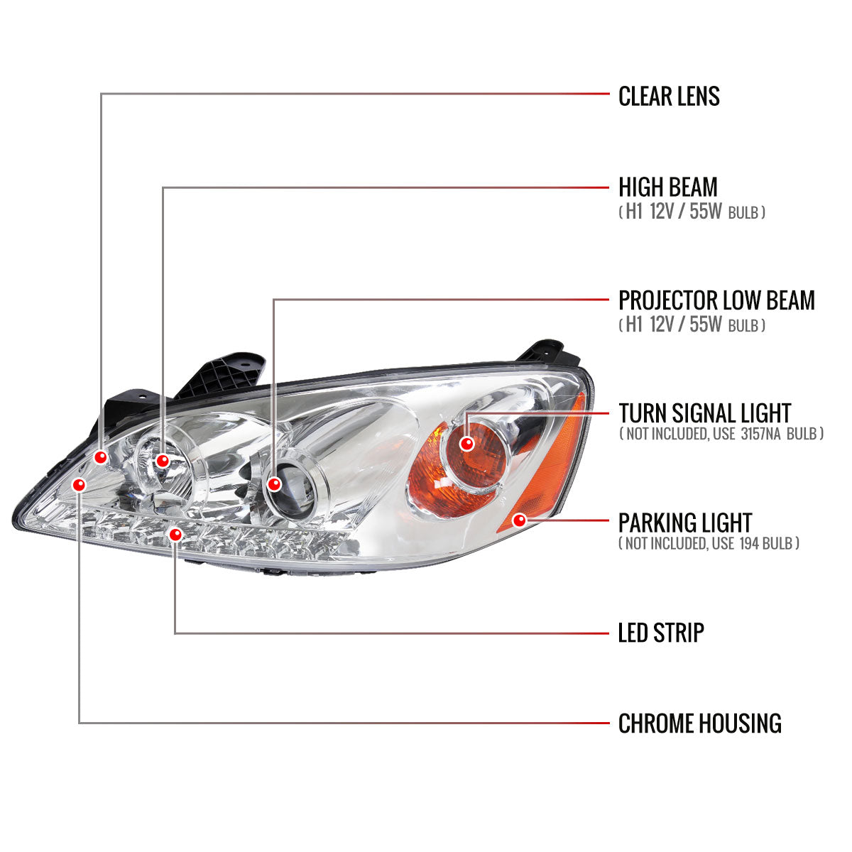 2005-2010 Pontiac G6 Projector Headlights w/ LED Light Strip (Chrome Housing/Clear Lens)