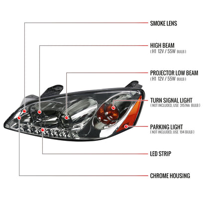 2005-2010 Pontiac G6 Projector Headlights w/ LED Light Strip (Chrome Housing/Smoked Lens)