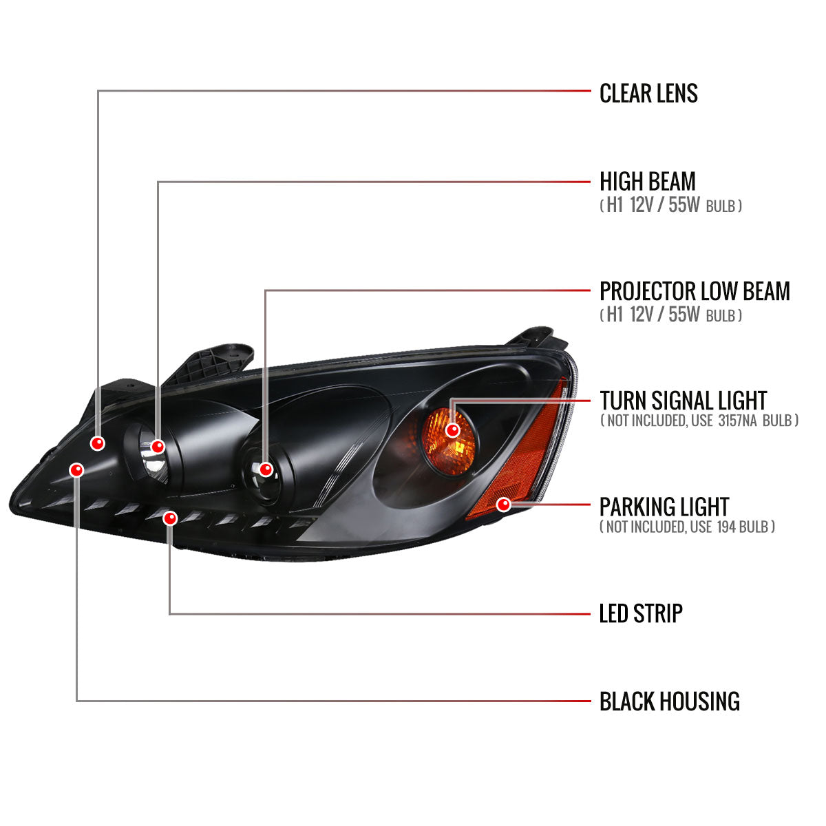 2005-2010 Pontiac G6 Projector Headlights w/ LED Light Strip (Matte Black Housing/Clear Lens)