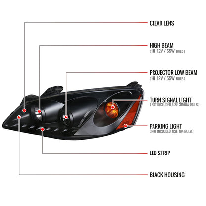 2005-2010 Pontiac G6 Projector Headlights w/ LED Light Strip (Matte Black Housing/Clear Lens)
