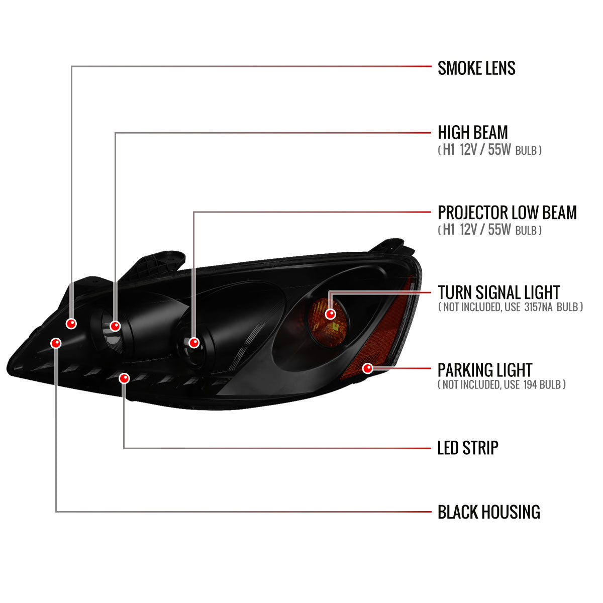 2005-2010 Pontiac G6 Projector Headlights w/ LED Light Strip (Black Housing/Smoked Lens)