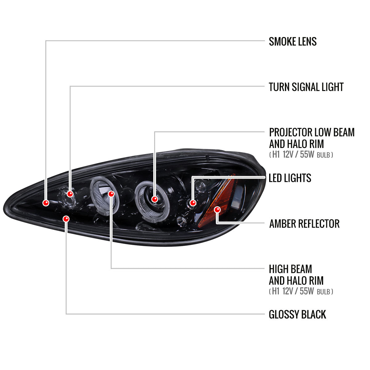 1999-2005 Pontiac Grand AM Dual Halo Projector Headlights (Glossy Black Housing/Smoked Lens)