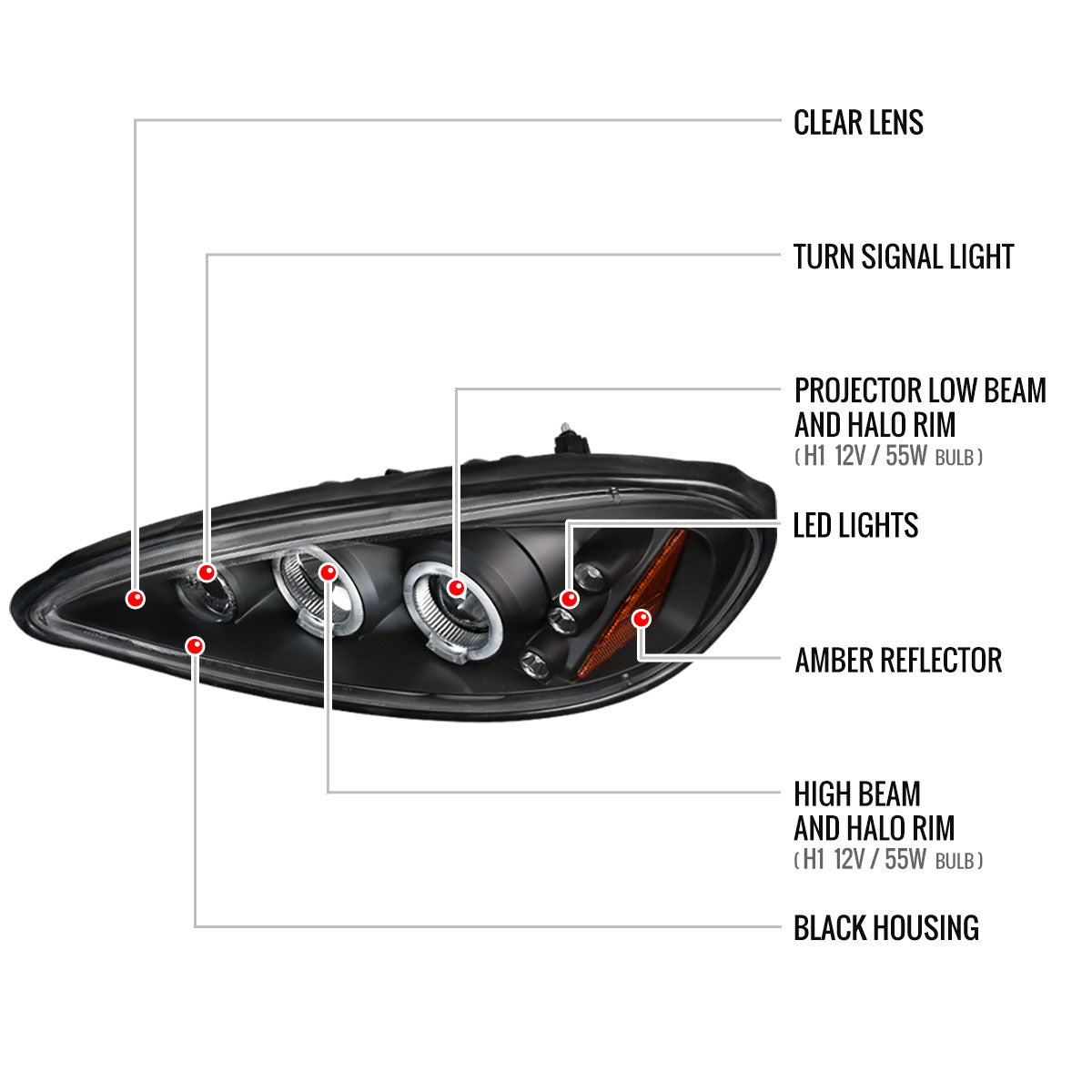 1999-2005 Pontiac Grand AM Dual Halo Projector Headlights (Matte Black Housing/Clear Lens)