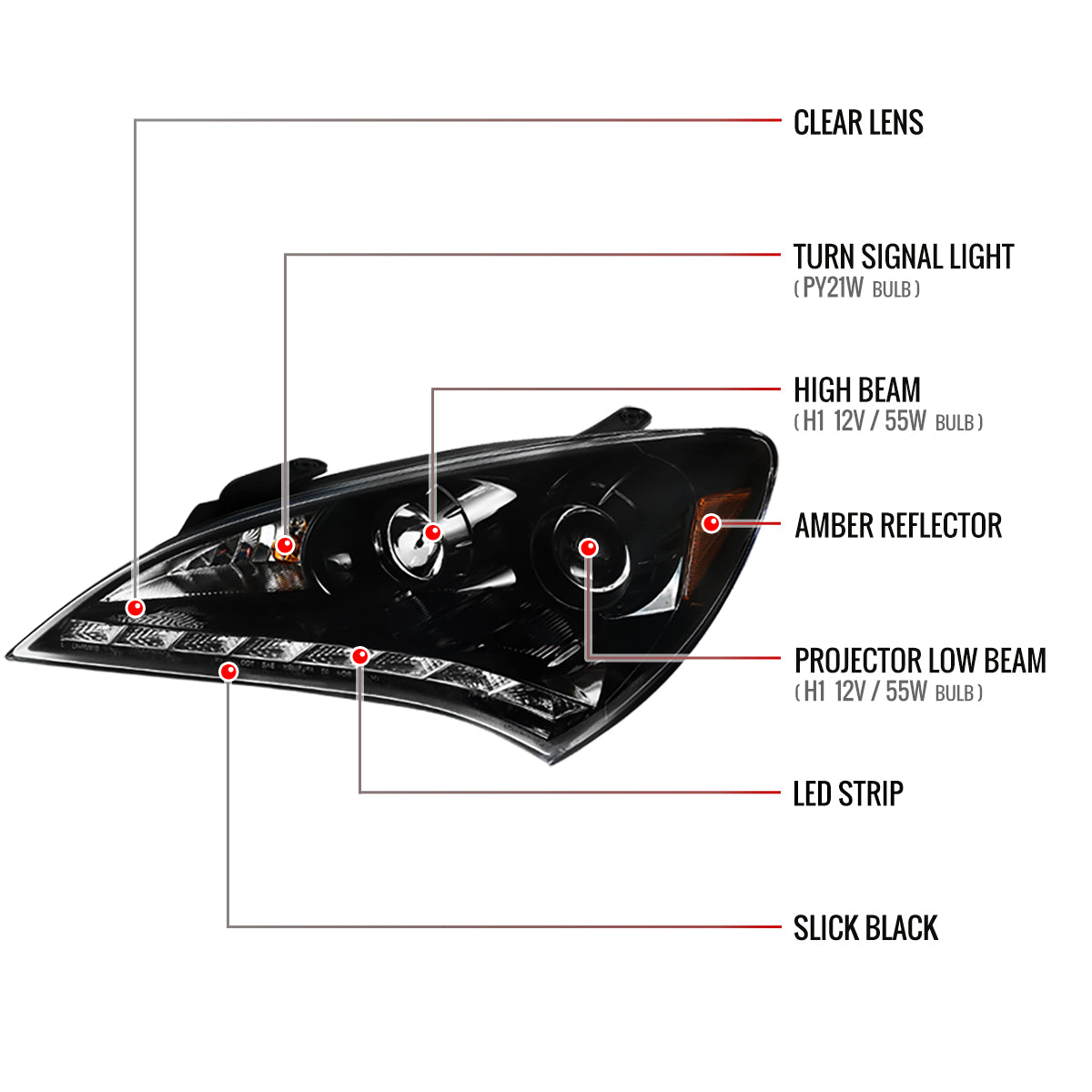 2010-2012 Hyundai Genesis Coupe Projector Headlights w/ SMD LED Light Strip (Jet Black Housing/Clear Lens)