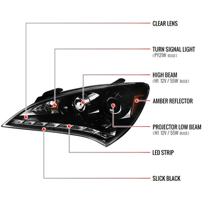 2010-2012 Hyundai Genesis Coupe Projector Headlights w/ SMD LED Light Strip (Jet Black Housing/Clear Lens)