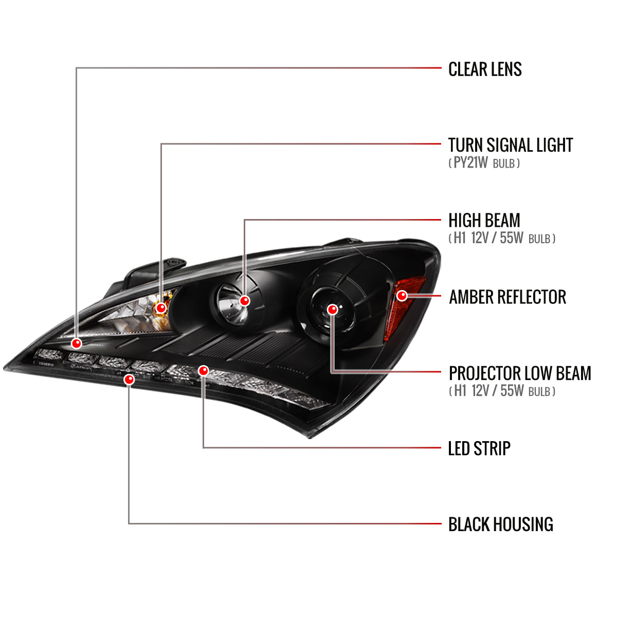 2010-2012 Hyundai Genesis Coupe Projector Headlights w/ SMD LED Light Strip (Matte Black Housing/Clear Lens)