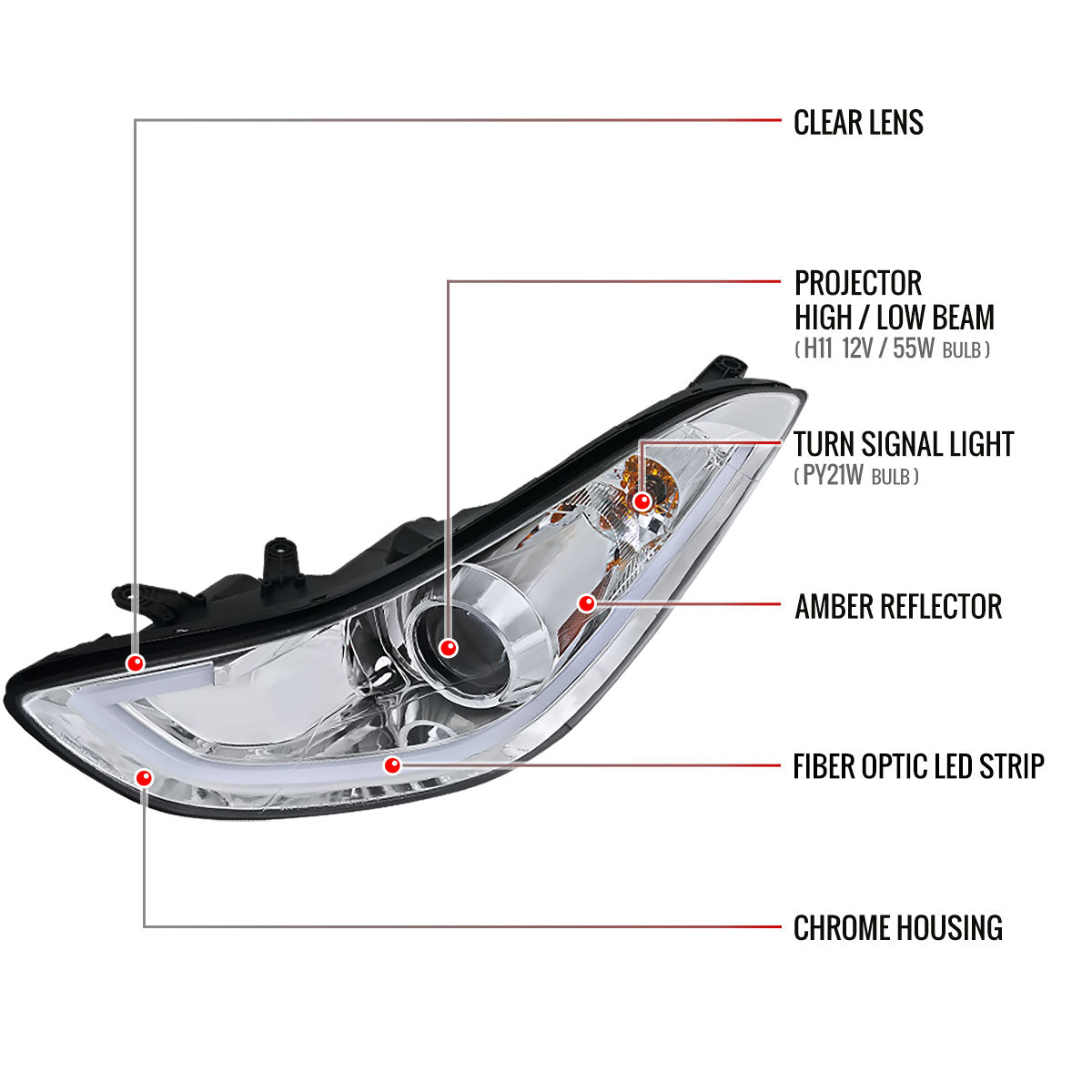 2011-2013 Hyundai Elantra LED Bar Projector Headlights (Chrome Housing/Clear Lens)