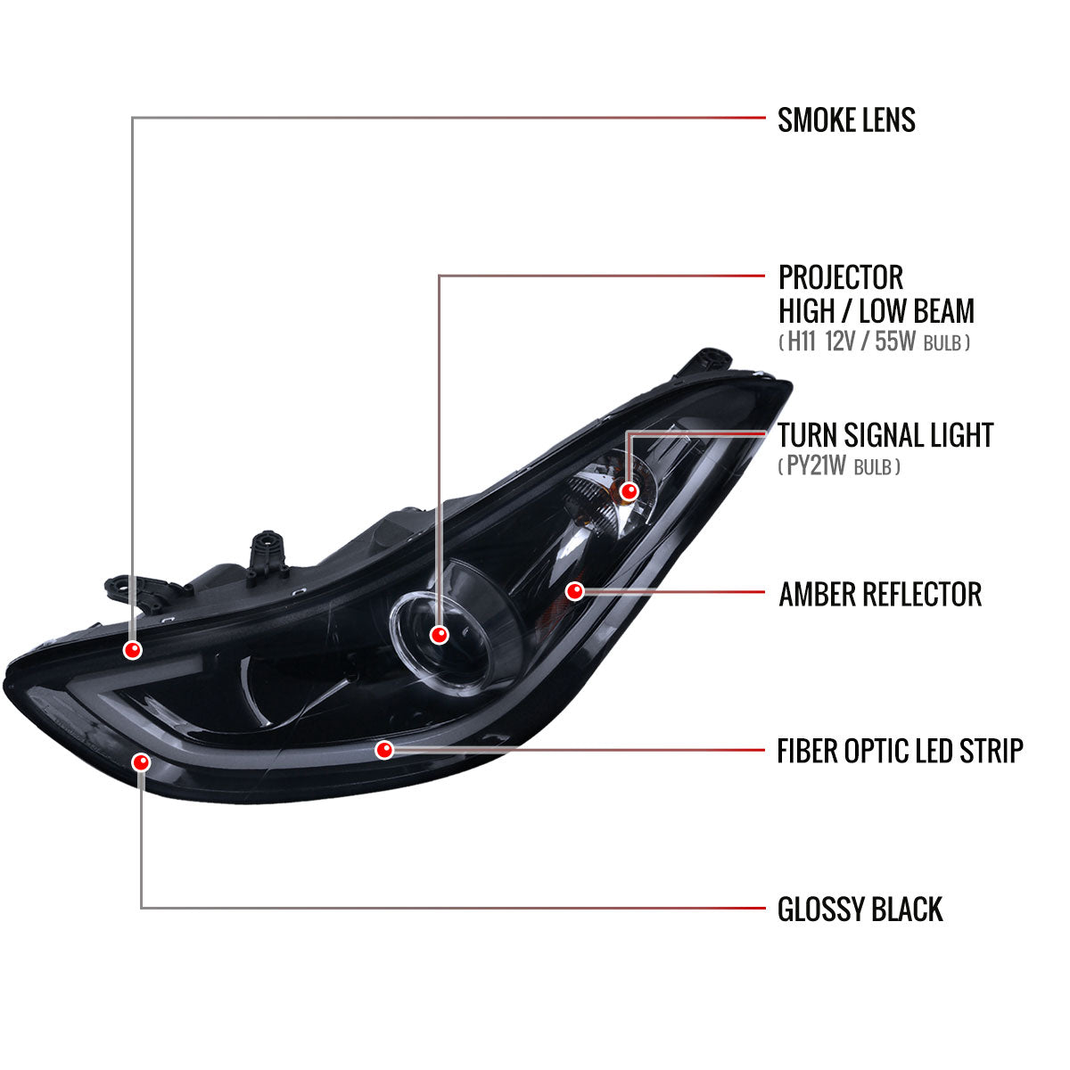 2011-2013 Hyundai Elantra Projector Headlights w/ LED Bar (Glossy Black Housing/Smoked Lens)
