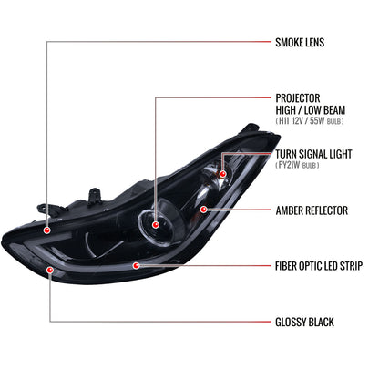 2011-2013 Hyundai Elantra Projector Headlights w/ LED Bar (Glossy Black Housing/Smoked Lens)