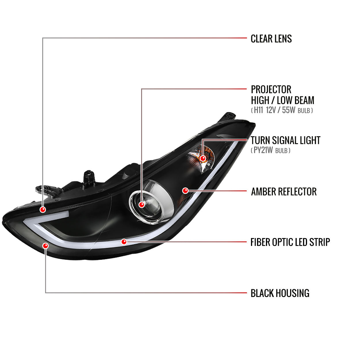 2011-2013 Hyundai Elantra LED Bar Projector Headlights (Matte Black Housing/Clear Lens)
