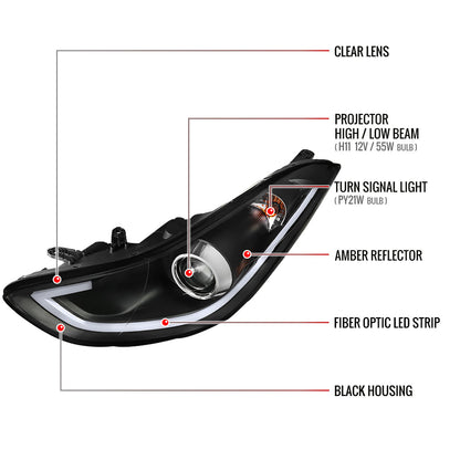 2011-2013 Hyundai Elantra LED Bar Projector Headlights (Matte Black Housing/Clear Lens)