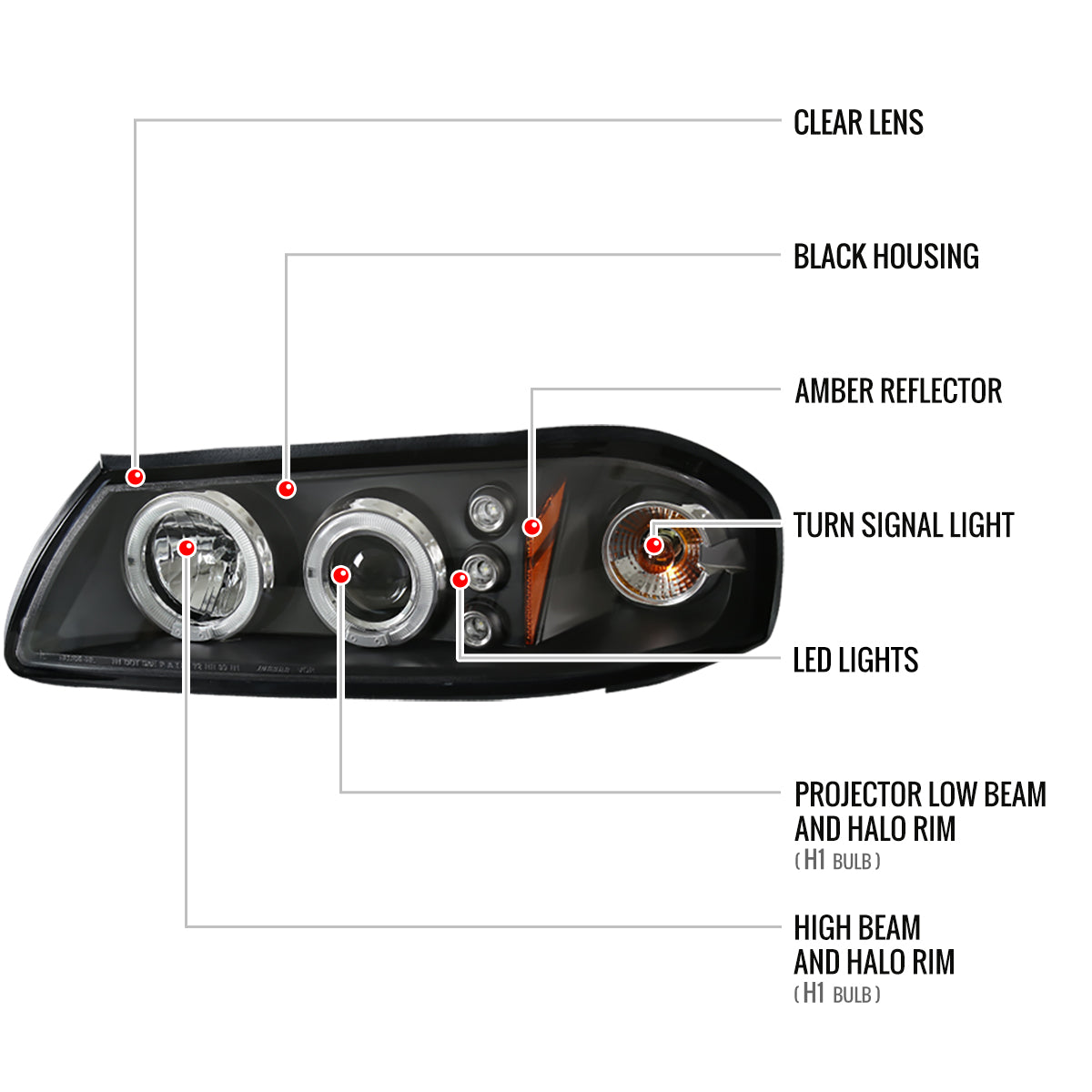 2000-2005 Chevrolet Impala Dual Halo Projector Headlights (Matte Black Housing/Clear Lens)