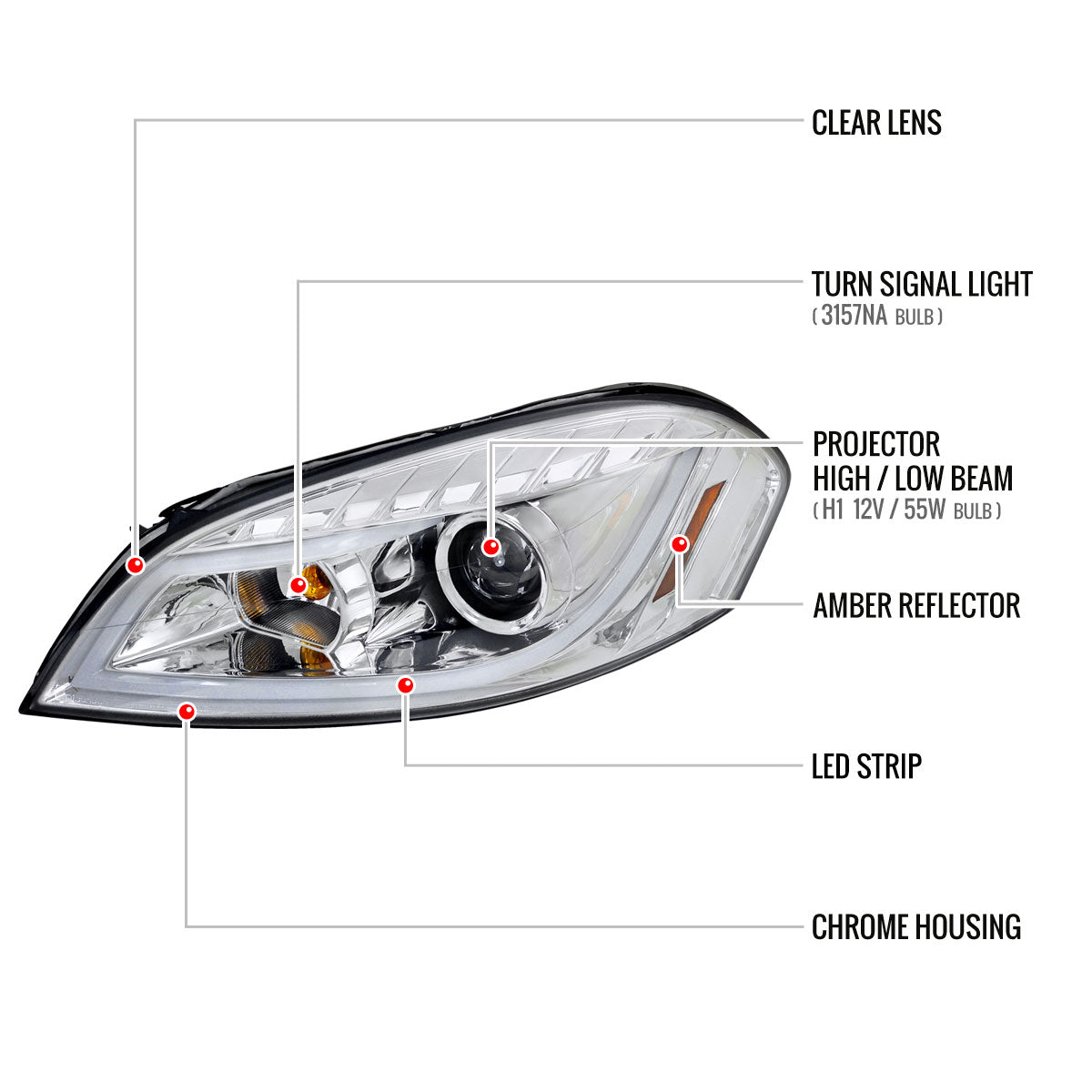 2006-2013 Chevrolet Impala / 2014-2015 Impala Limited / 2006-2007 Monte Carlo LED Bar Projector Headlights (Chrome Housing/Clear Lens)