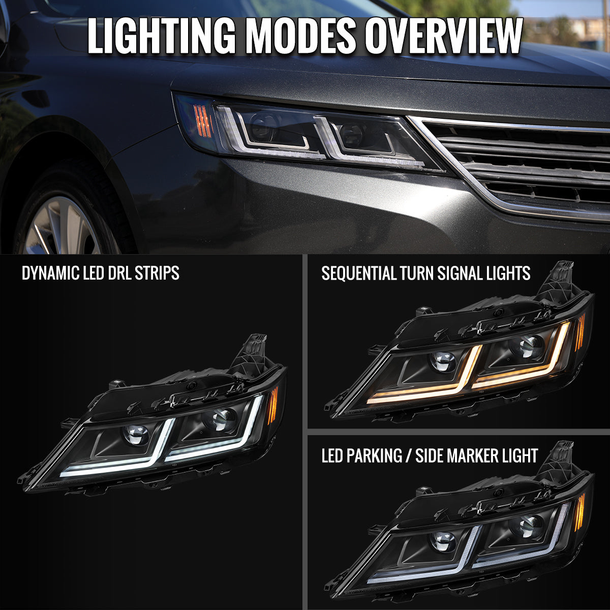 2014-2020 Chevy Impala LED DRL Sequential Projector Headlights (Matte Black Housing / Clear Lens)